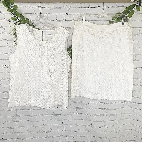 CALVIN KLEIN WHITE EYELET SLEEVELESS TOP AND SKIRT SET - XL / 14 - Picture 3 of 12